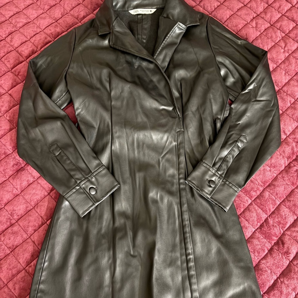 Zara Dark Faux Leather Trench Coat